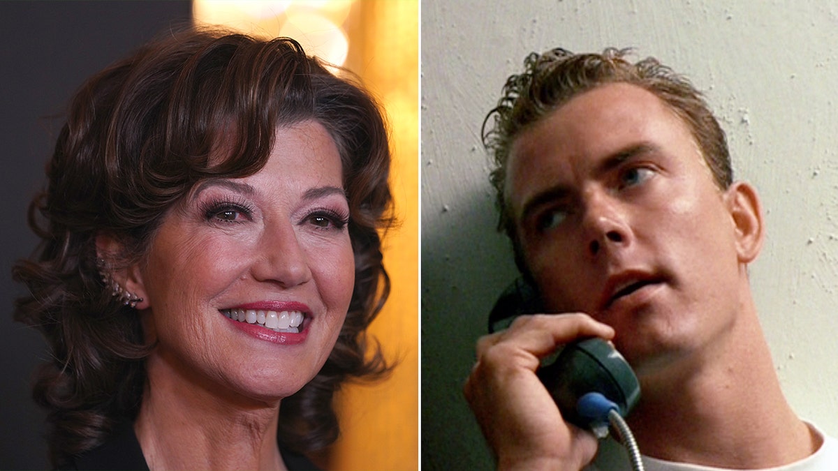 Amy Grant with curly hair smiles split Barry Tupp on the phone during a scene from "Top Gun"