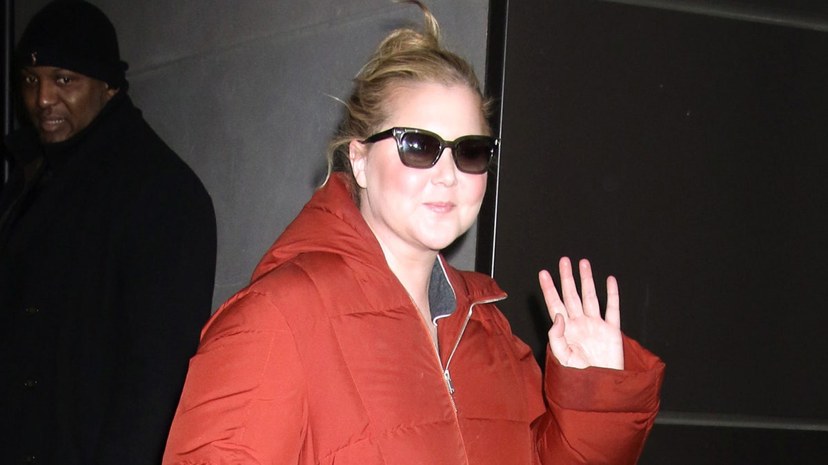 A photo of Amy Schumer wearing sunglasses and waving