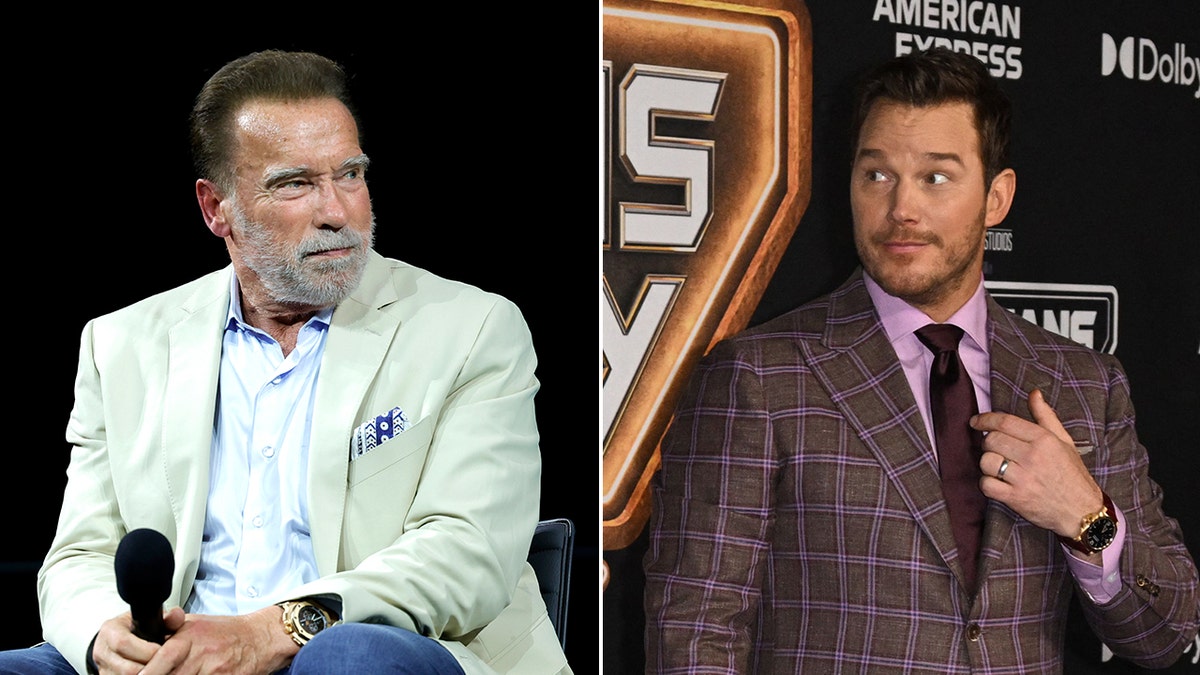 Arnold Schwarzenegger looks to his left on stage split Chris Pratt in a plaid purple suit looks to his left on the carpet