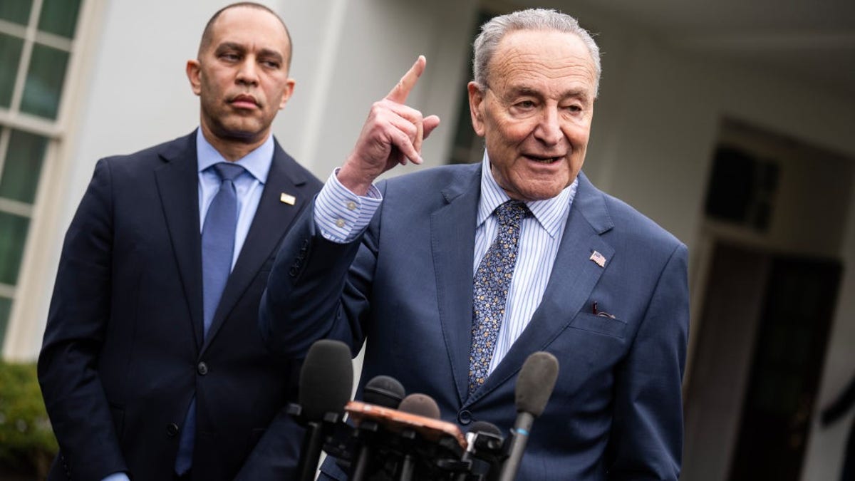 Senate Majority Leader Chuck Schumer and House Minority Leader Hakeem Jeffries speak to reporters after the White House meeting.