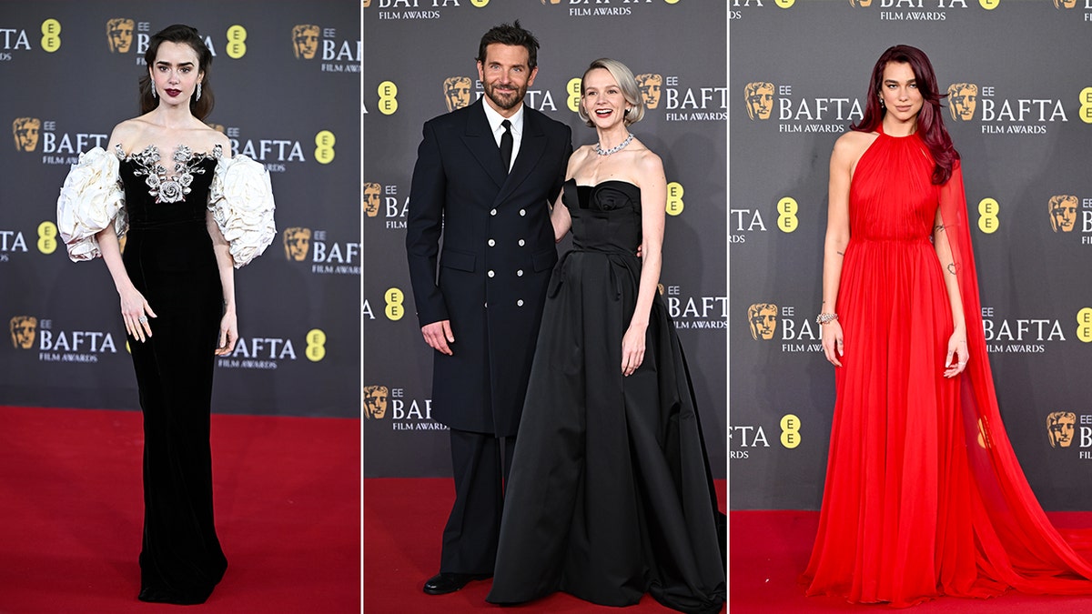 Lily Aldridge in a black gown with poofy white sleeves split Bradley Cooper poses next to Carey Mulligan split Dua Lipa in a one shoulder long red dress