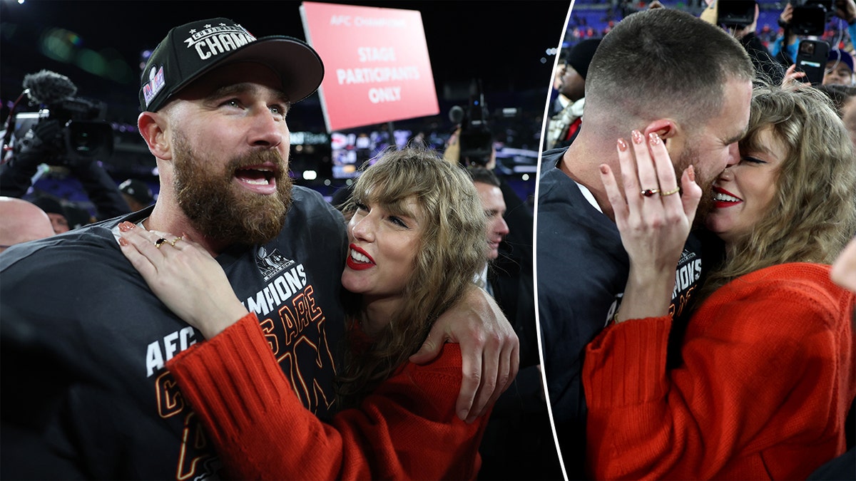 Taylor Swift in a red sweater clings to Travis Kelce on the field after his big win split Swift in Kelce's face and kisses him.