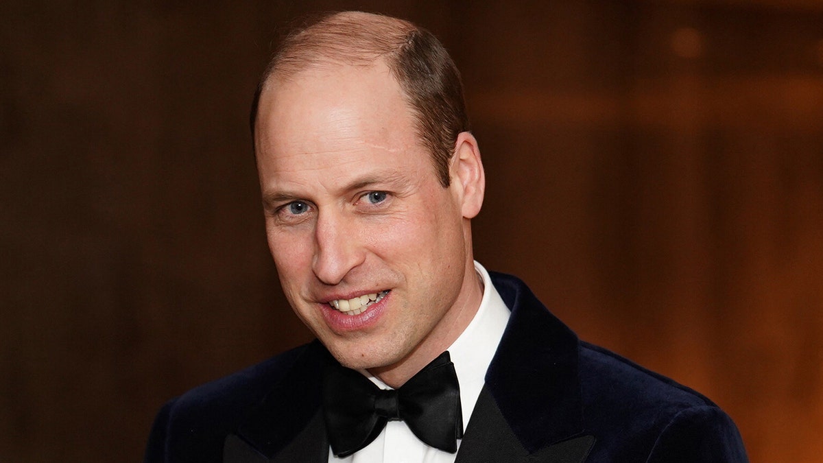 A close-up of Prince William wearing a suit and bow tie