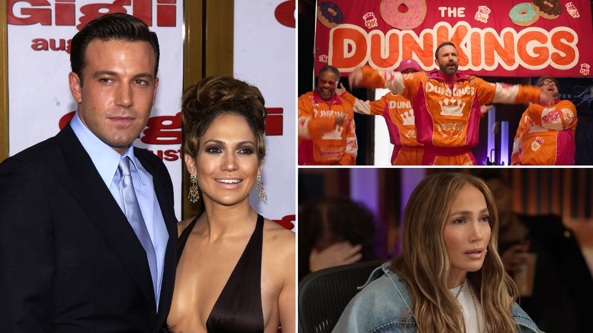 Ben Affleck and Jennifer Lopez in Gigli and in the 2024 Dunkin' Donuts commercial split