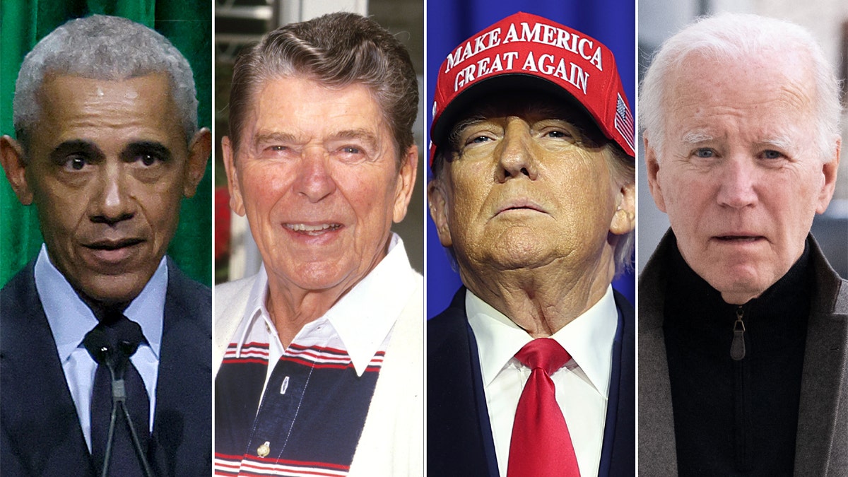 Split image of Obama, Reagan, Trump, and Biden