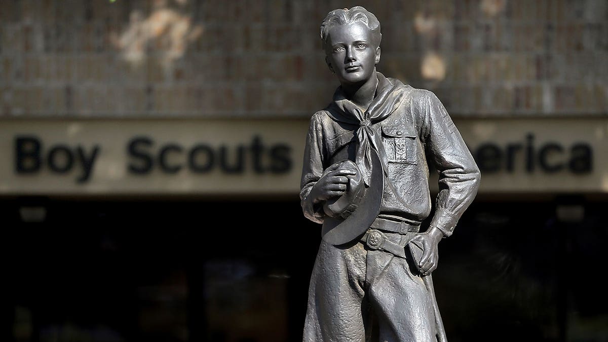 Boy Scout statue outside of the Boy Scouts of America headquarters in Texas