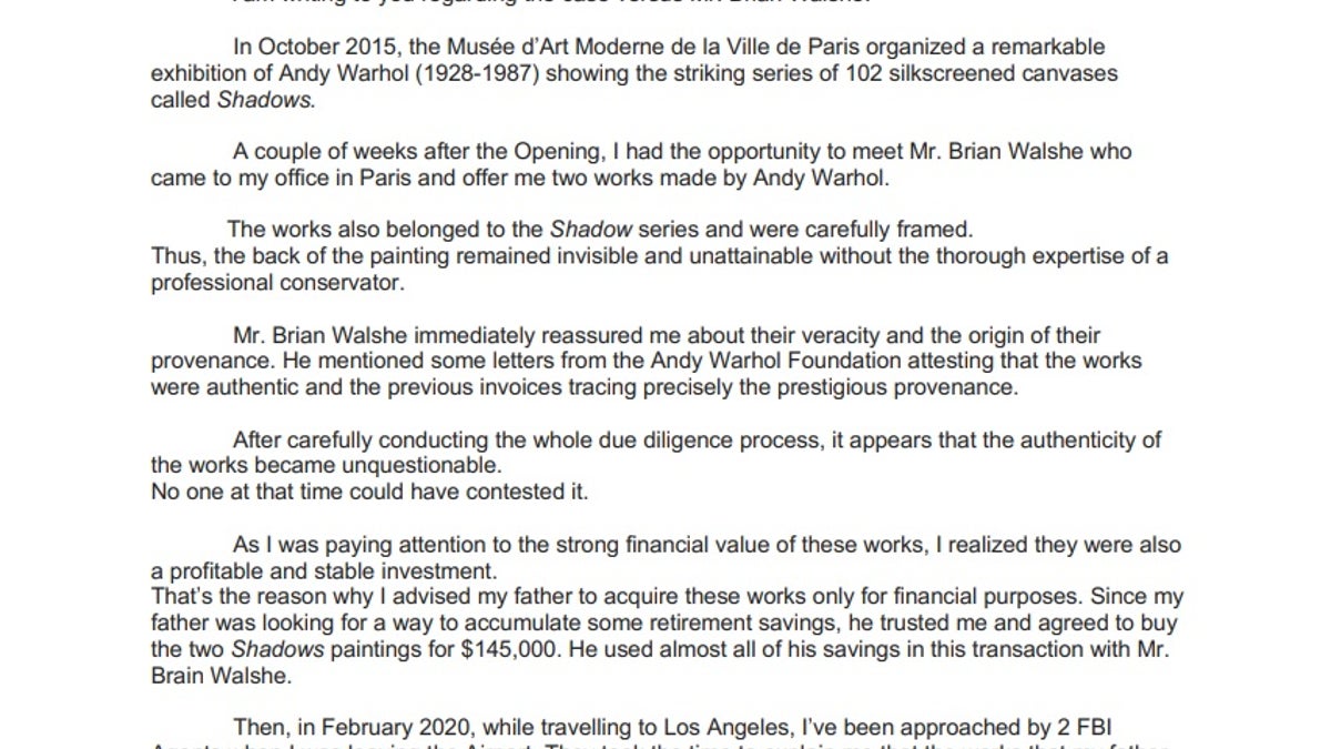 Victim impact statement part one of two by a victim of Brian Walshe's art scam