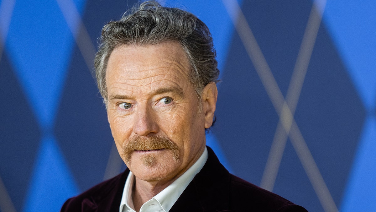 Bryan Cranston gives a look of surprise on the carpet in a dark velvet suit jacket