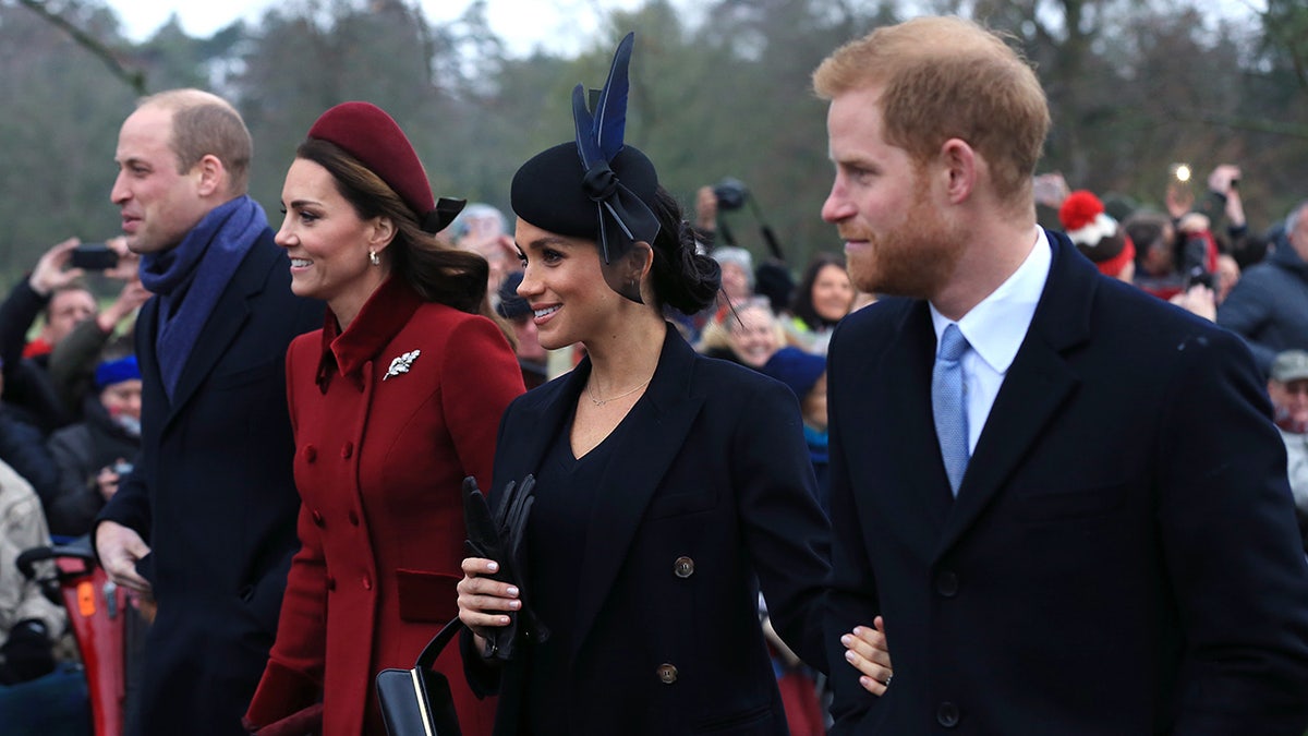 The Prince and Princess of Wales walking alongside the Duke and Duchess of Sussex