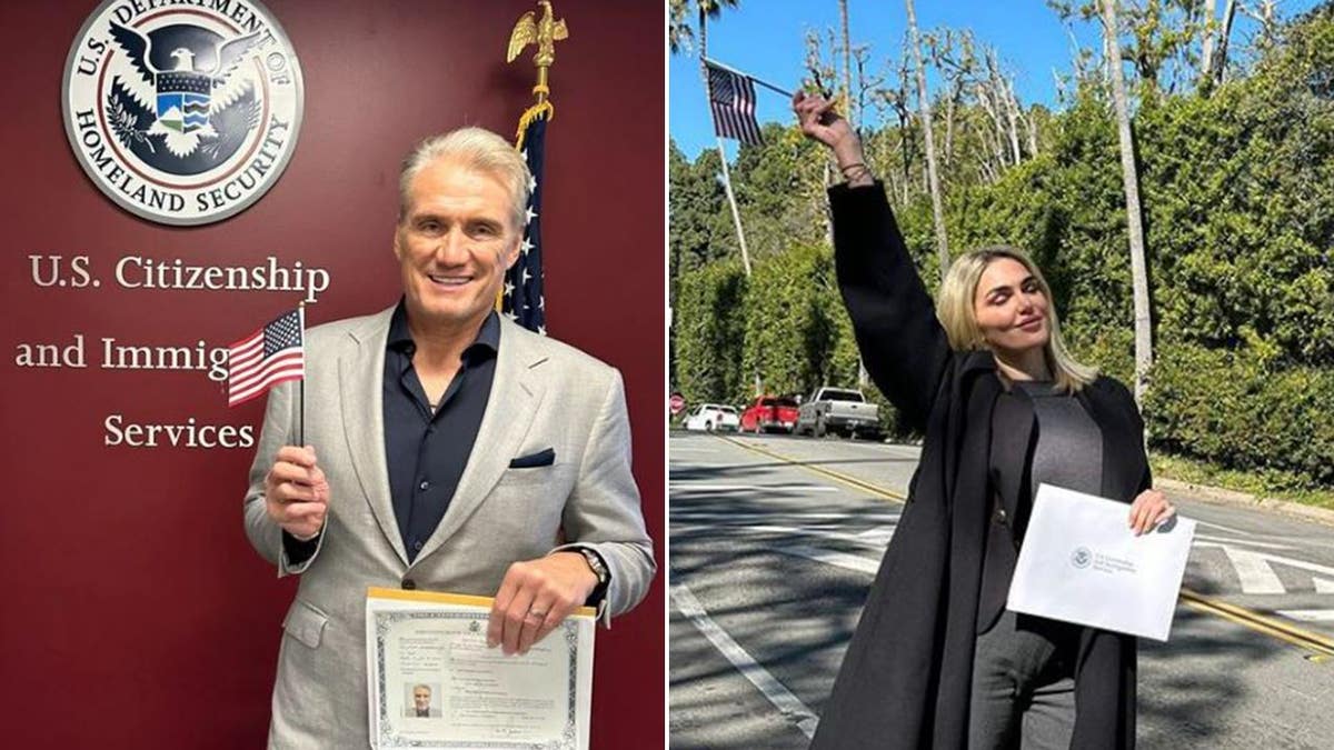 Dolph Lundgren wave American flags while holding citizenship papers