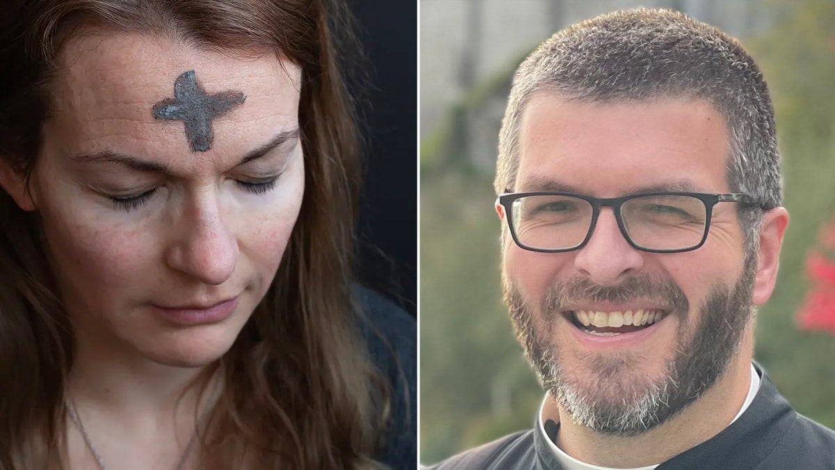 woman with ash on forehead split with fr. finn