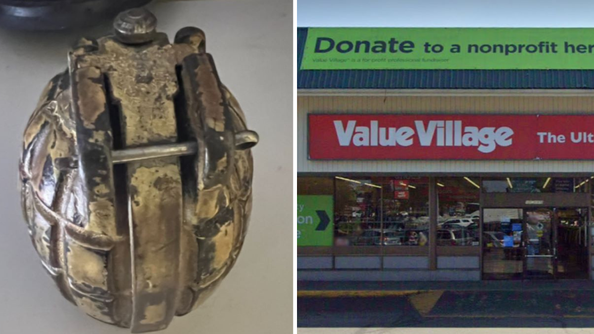 Split image of grenade and Value Village exteriors