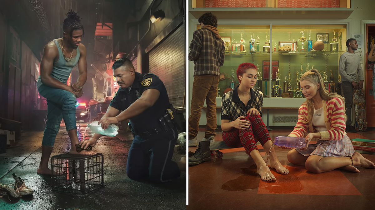 police officer washes young black mans feet, high school girl washes another girls feet in ad