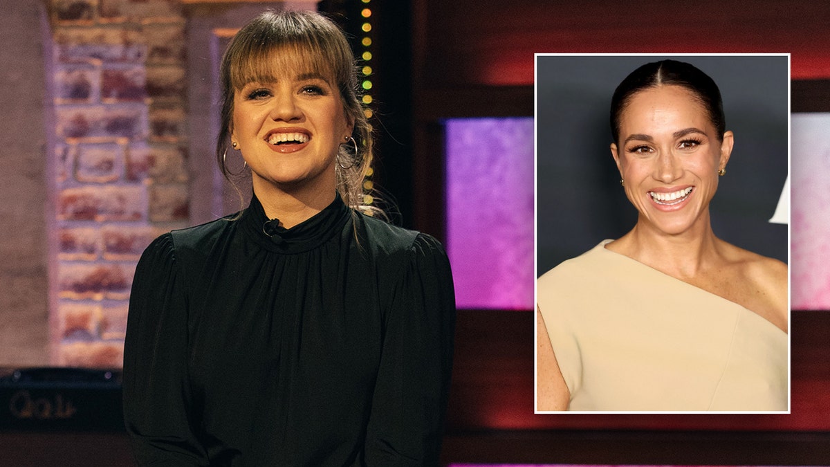 Kelly Clarkson hosting her show with an inset of Meghan Markle