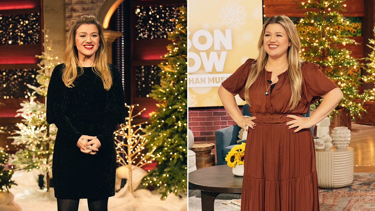 Kelly Clarkson in a black dress looking thin on the stage of her show split Kelly Clarkson curvier in a brown dress