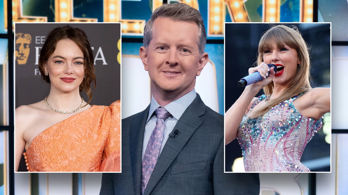 Ken Jennings with insets of Emma Stone and Taylor Swift