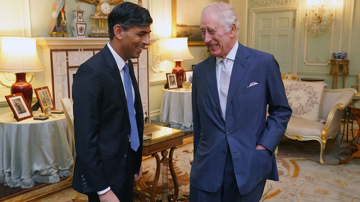 Rishi Sunak in a black suit and blue tie stands next to King Charles in a blue suit and light tie in Buckingham Palace