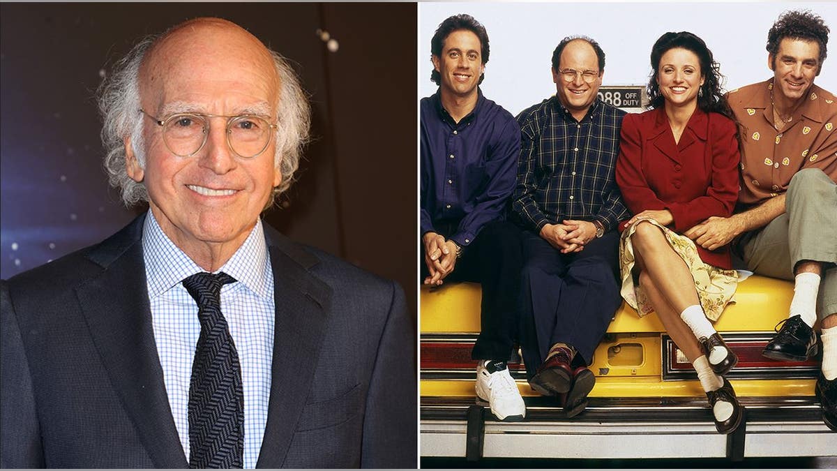 A split of Larry David and the cast of 'Seinfeld'