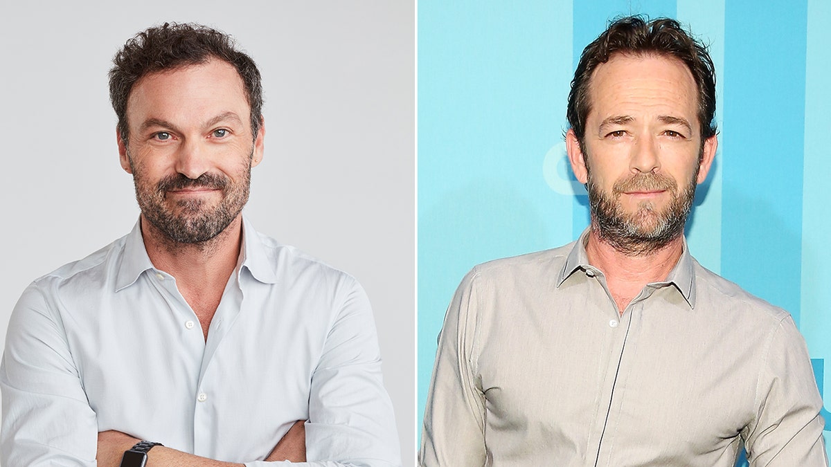 Brian Austin Green in a white shirt crosses his arms split Luke Perry soft smiles in a grey shirt