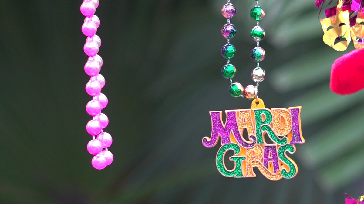 Colorful Mardi Gras beads are hanging
