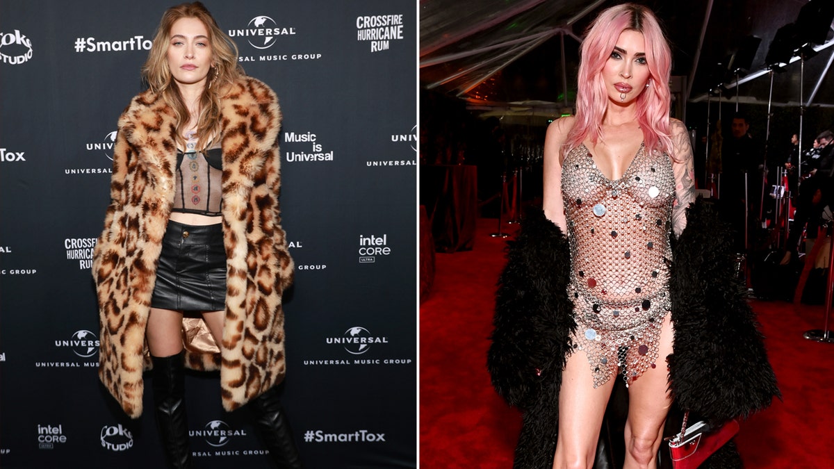 Paris Jackson em uma citação com estampa de leopardo com uma regata transparente e jaqueta de couro dividiu Megan Fox em um sutiã e calcinha de cor clara com um vestido de arame por cima