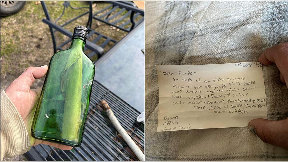 A split of the bottle and the letter inside