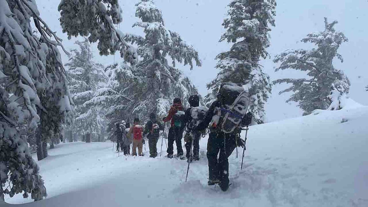 rescuers trekking throug snowy conditions