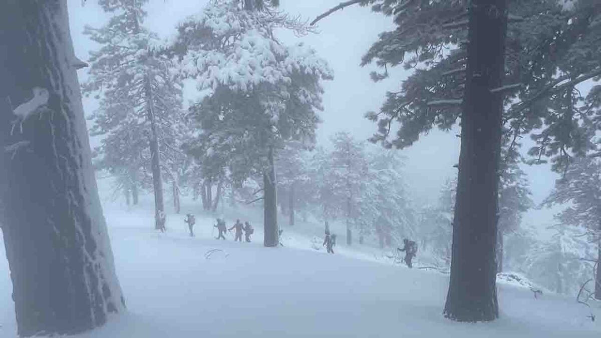 rescuers trekking throug snowy conditions