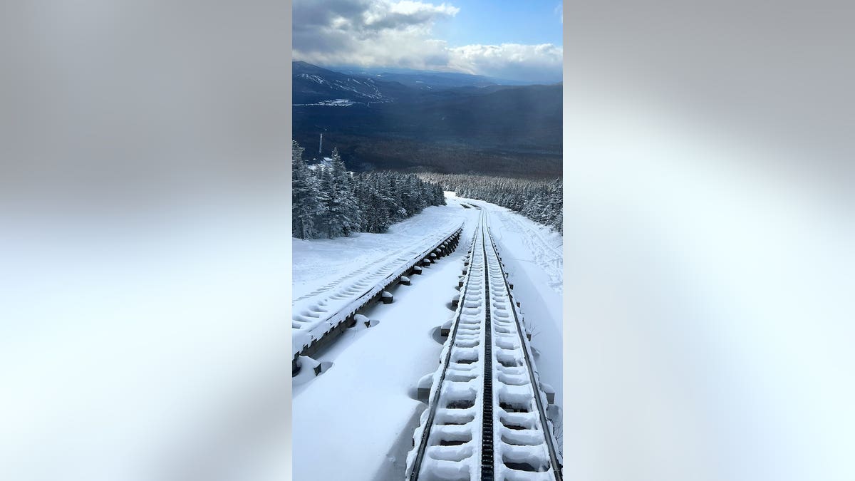 Snow on Mt Washington train tracks