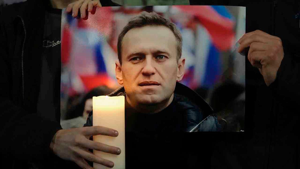 Protesters hold a picture of Alexei Navalny