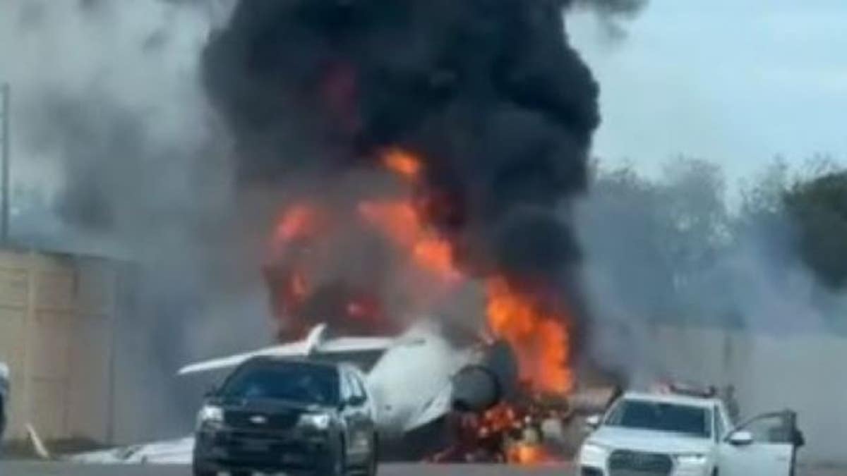 A plane burns after crashing on an interstate in Naples, Fla., Friday.