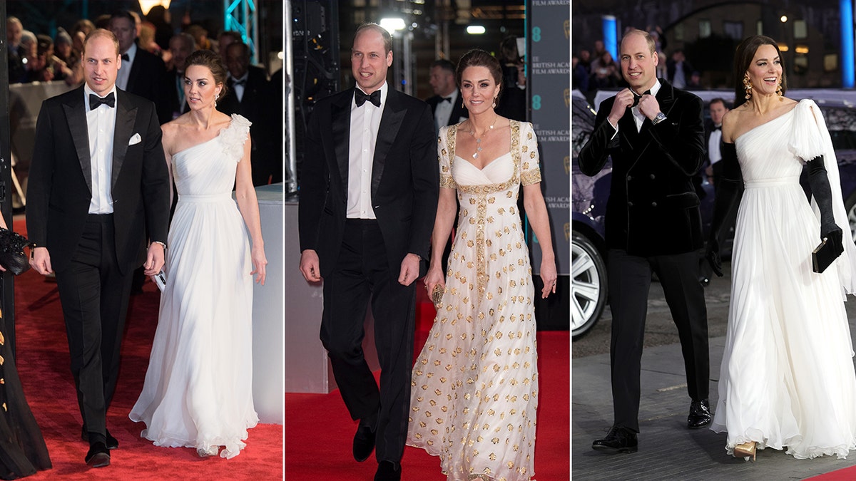 Prince William in a tuxedo walks with Kate Middleton in a white gown to the 2019 BAFTAs split Prince William in a tuxedo walks alongside Kate Middleton in a white and gold dress at the 2020 BAFTAs split Prince William in a tuxedo and Kate Middleton in a white one-shoulder dress with black gloves at the 2023 BAFTAs