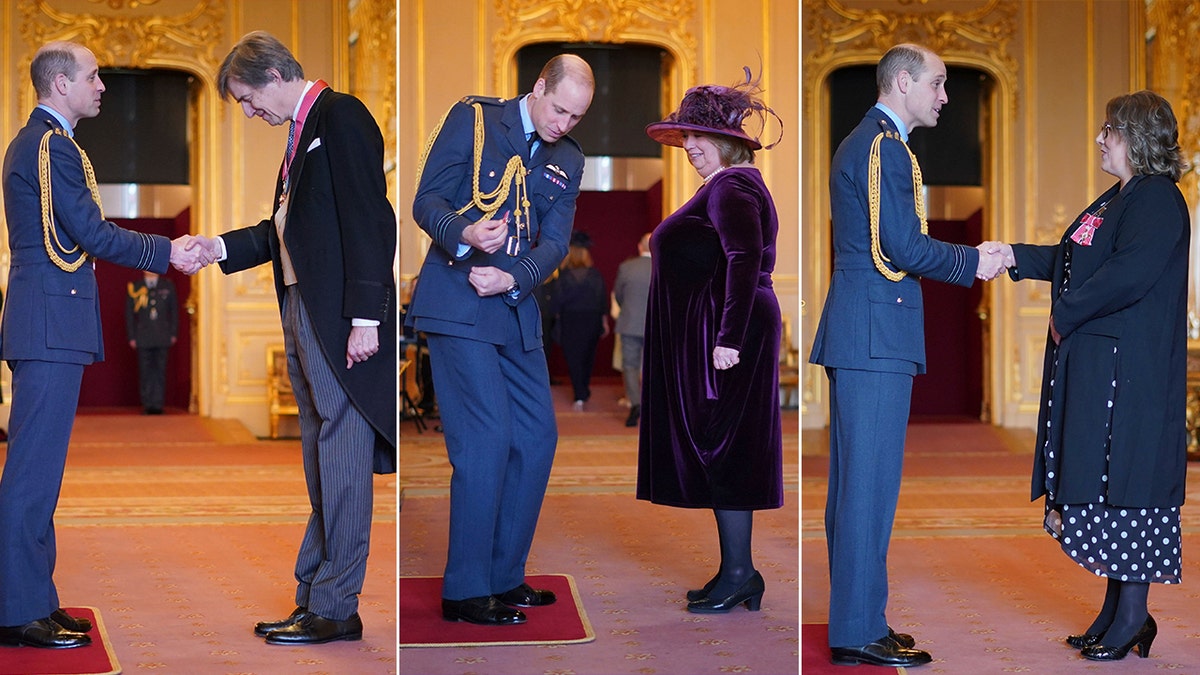 Príncipe Harry com os homenageados da cerimônia de investidura no Castelo de Windsor em três fotos separadas