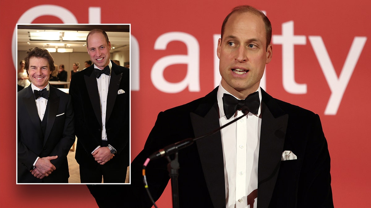 Prince William in a tuxedo speaks on stage inset a photo of him and Tom Cruise smiling posing next to each other