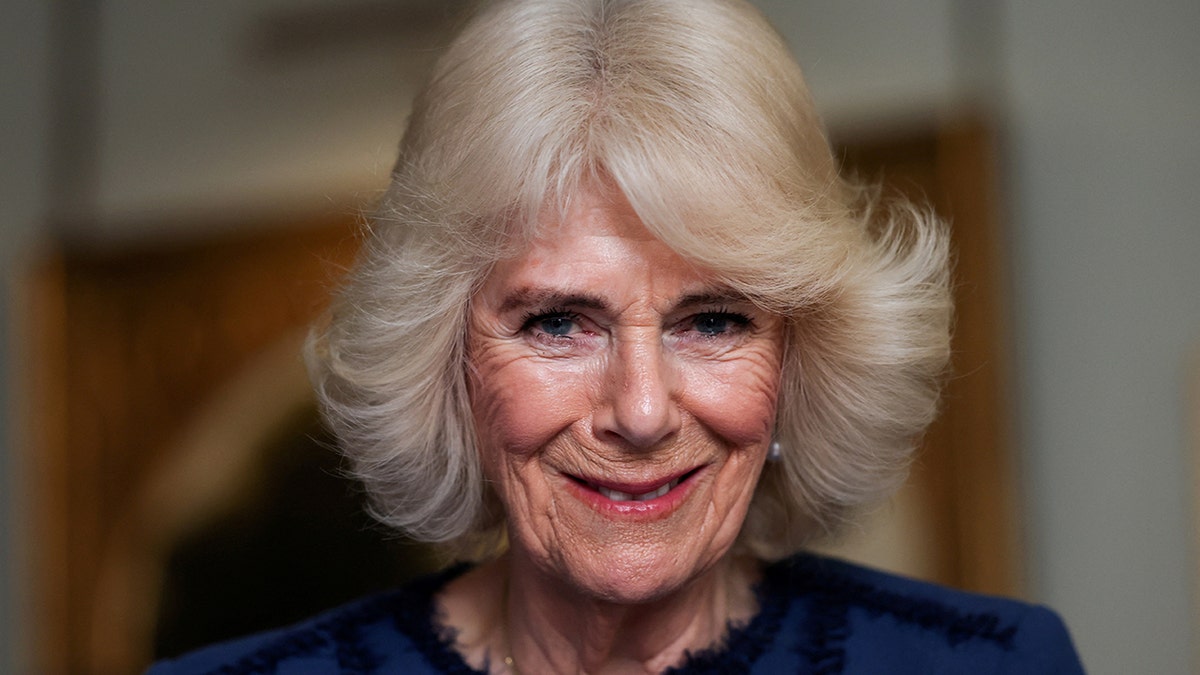 Queen Camilla smiles for the camera in a blue outfit