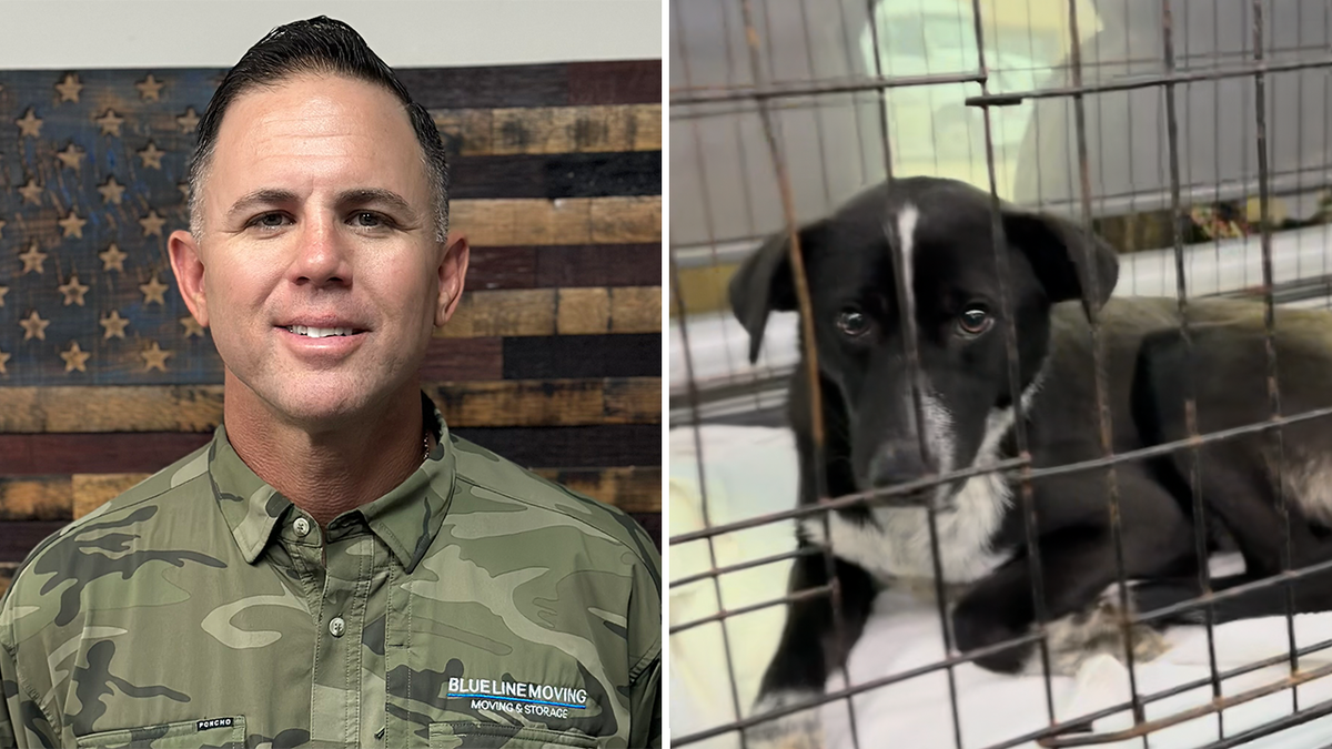 John Rourke in uniform and abandoned dog at border