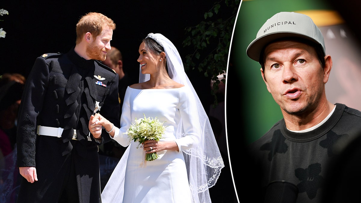Meghan Markle looks longingly at Prince Harry outside after they got married split Mark Wahlberg in a black shirt and grey baseball cap speaks on the carpet