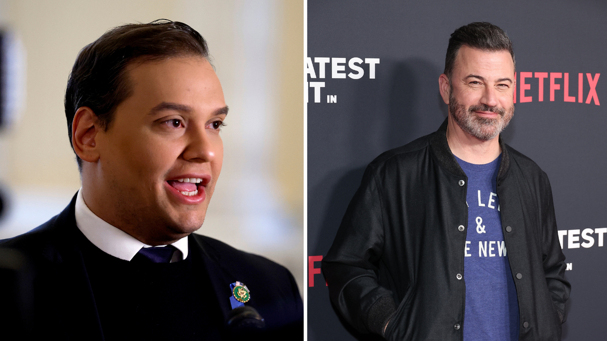 Split image of George Santos and Jimmy Kimmel