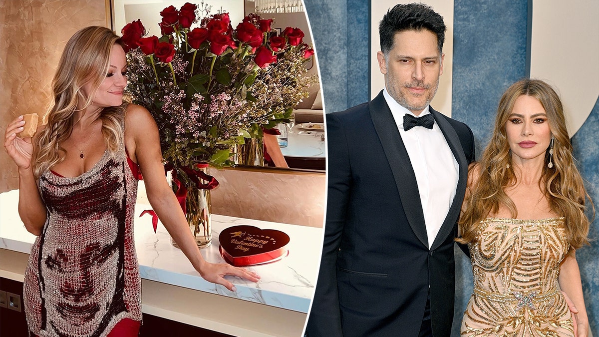 Caitlin O'Connor in a red slip and chain dress in front of a large bouquet of red roses and a chocolate box split Joe Manganiello in a tuxedo standing next to Sofia Vergara in a gold dress