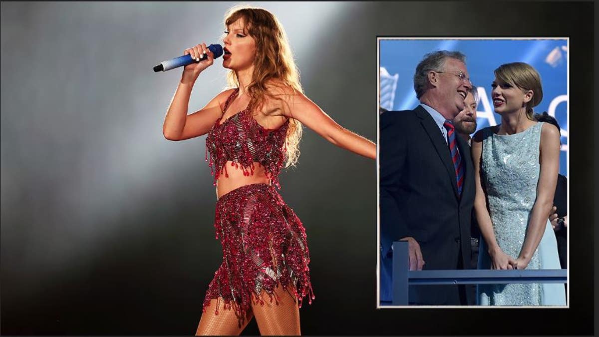 Taylor Swift performing and an inset of her smiling at her dad