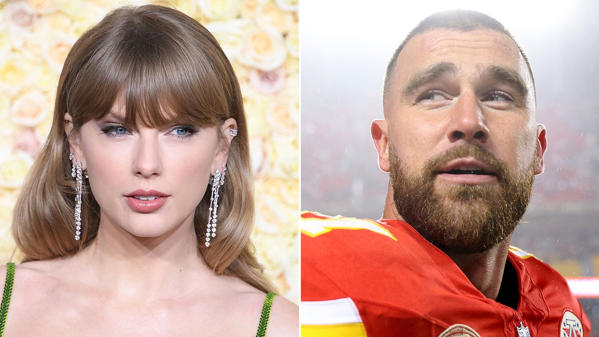 Taylor Swift in a green sparkly dress at the Golden Globes looks down slightly at the camera split Travis Kelce in a red Chiefs Jersey looks up on the field