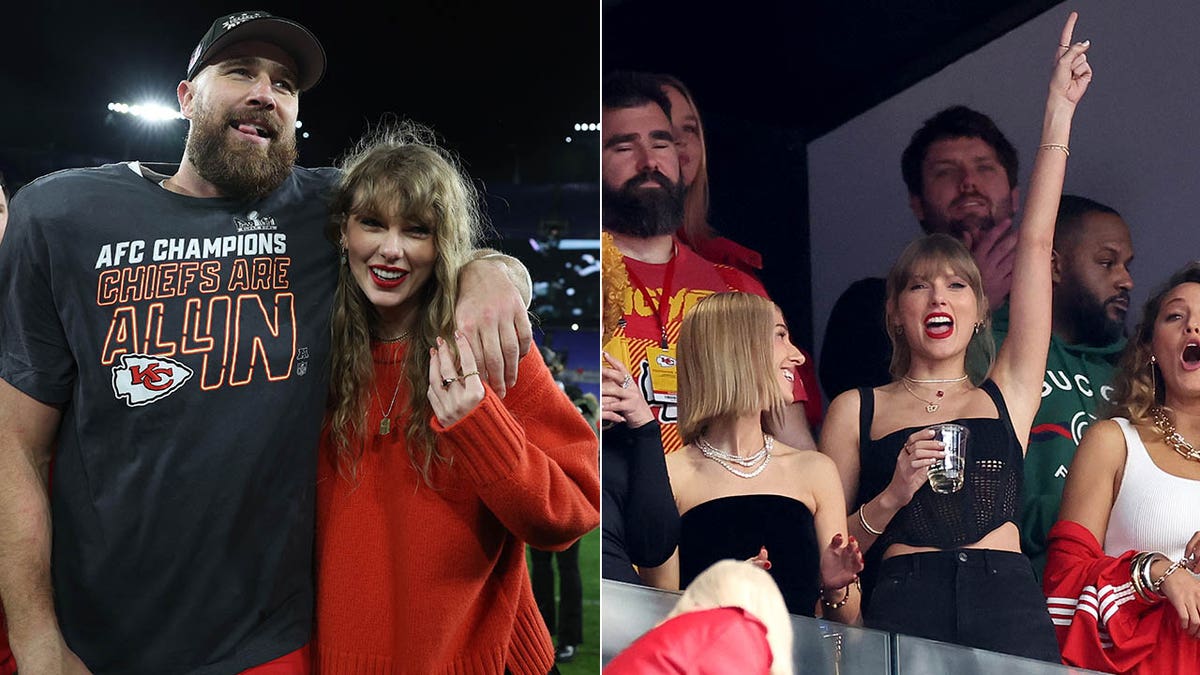 taylor swift travis kelce/taylor with a beer at the superbowl