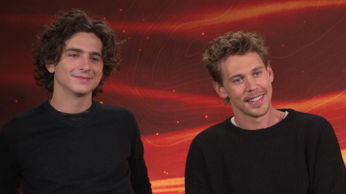 Timothée Chalamet and Austin Butler laugh at Dune Part Two press event