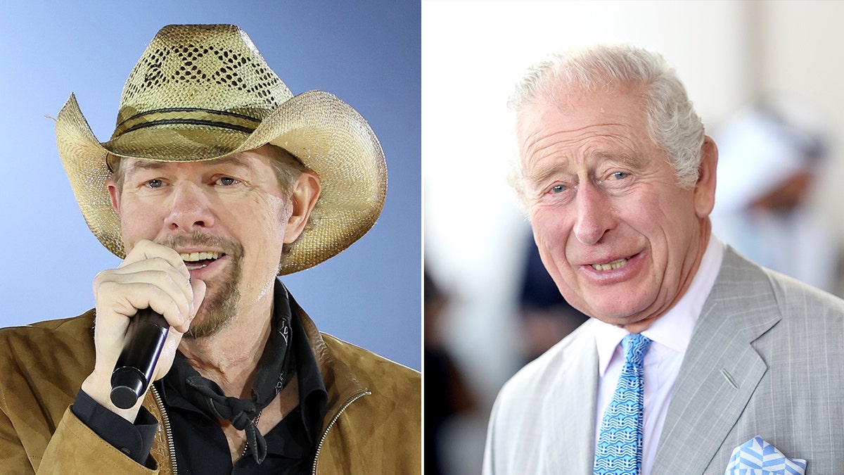 Toby Keith with a sand colored cowboy hat sings on stage split King Charles looks jovial in a grey suit and blue tie