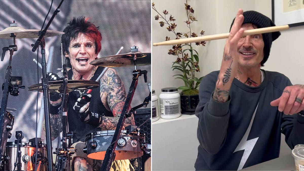 tommy lee playing drums/tommy holding drumstick