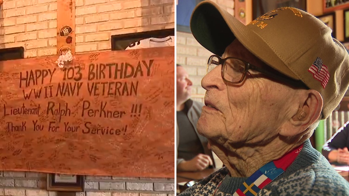 Split image of sign saying happy birthday with Ralph Perkner