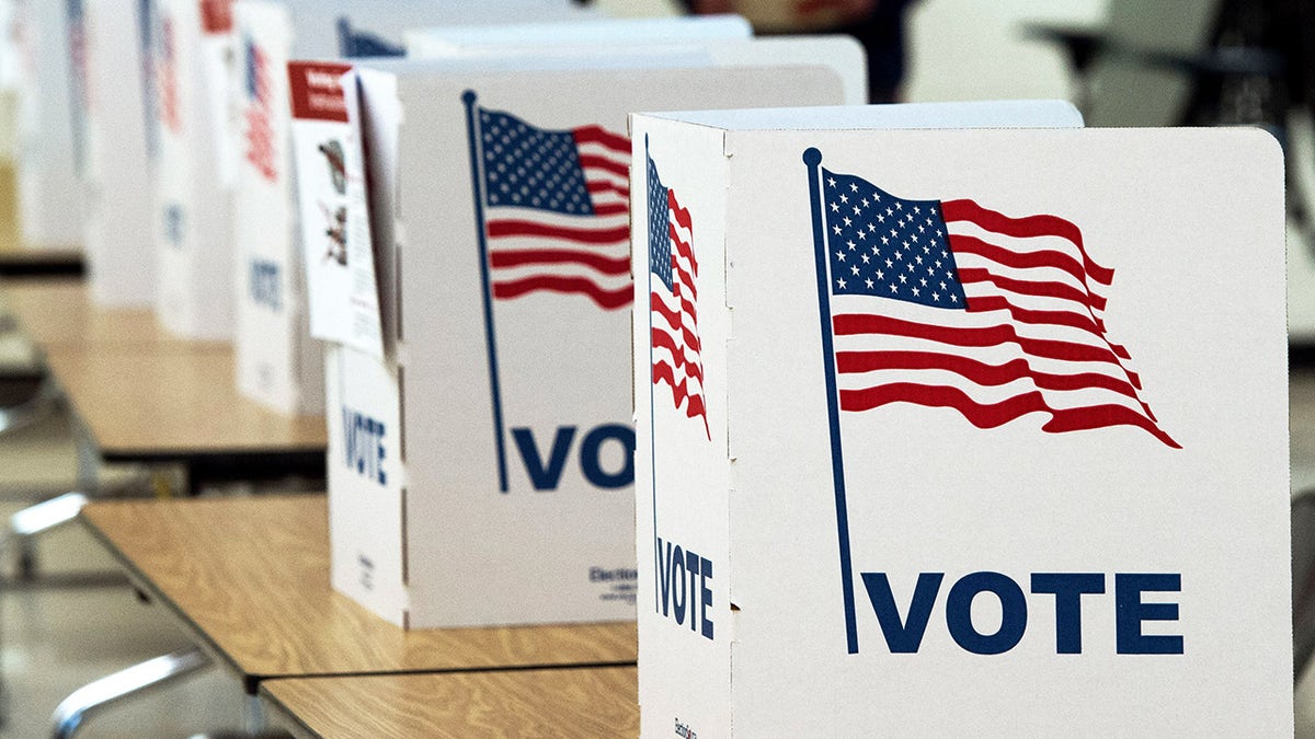 voting carrels with US flag designs on side