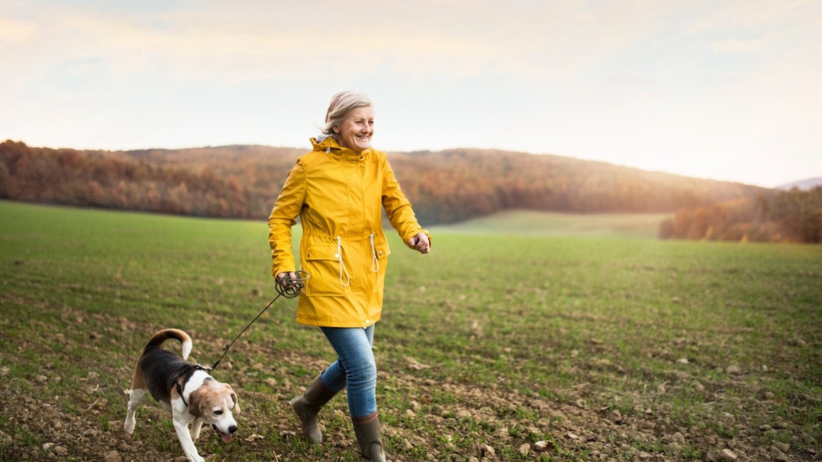 Woman walking dog