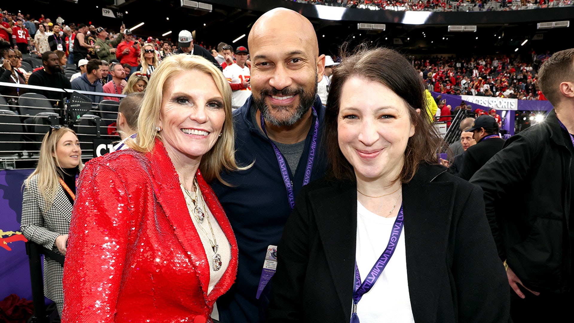 Tammy Reid, Keegan-Michael Key and Elise Key attend the Super Bowl LVIII Pregame