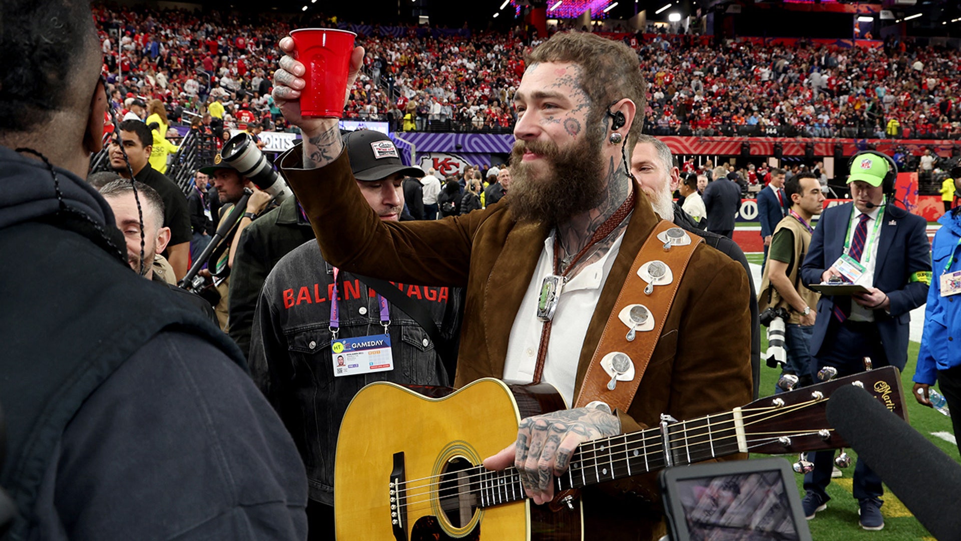 Post Malone attends the Super Bowl LVIII Pregame at Allegiant Stadium